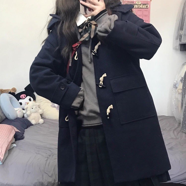 日系新款牛角扣jk制服毛呢外套秋冬叠穿中长款夹棉加厚小个子大衣,女装/女士精品,毛呢外套,淘宝优惠券,粉丝福利购,淘宝优惠卷