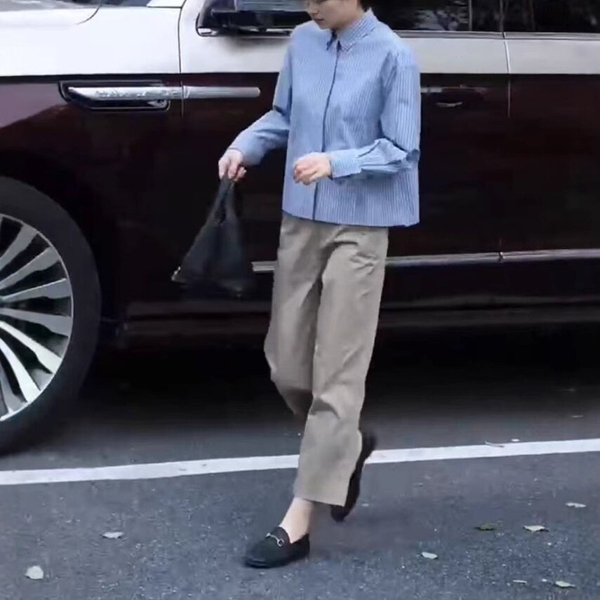 25138大爱美依缘2025春季新洋气减龄长袖蓝条纹衬衫休闲九分裤女