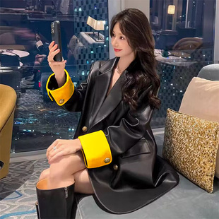 炸街黑色pu皮衣外套女大码 宽松西装 韩版 2026西服中长款 女 时尚 美式