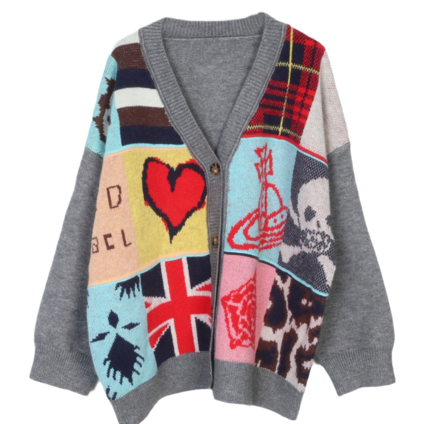 法式星球毛衣秋冬V领长袖拼图爱心格减龄学院风宽松V领毛针织开衫