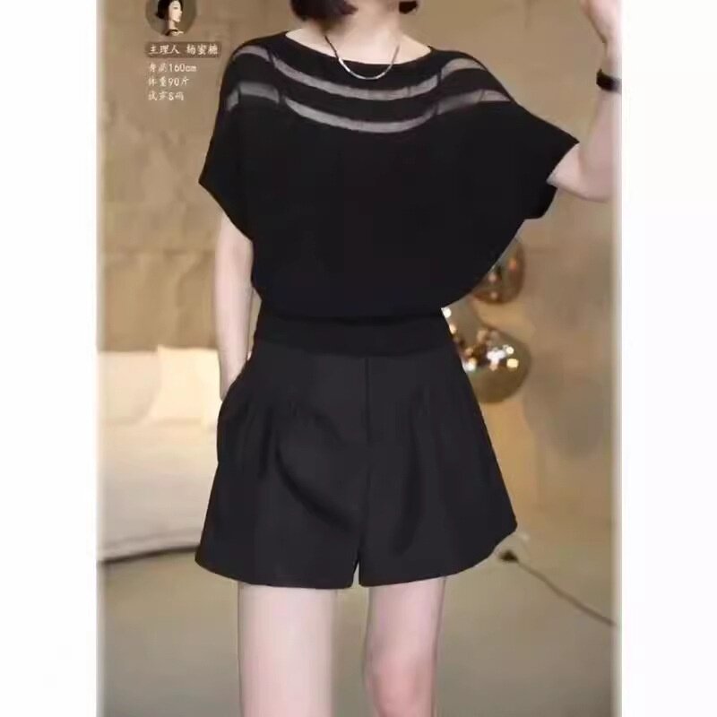 24296大爱美依缘2025夏季新款时尚细闪蝙蝠袖上衣高腰阔腿短裤女