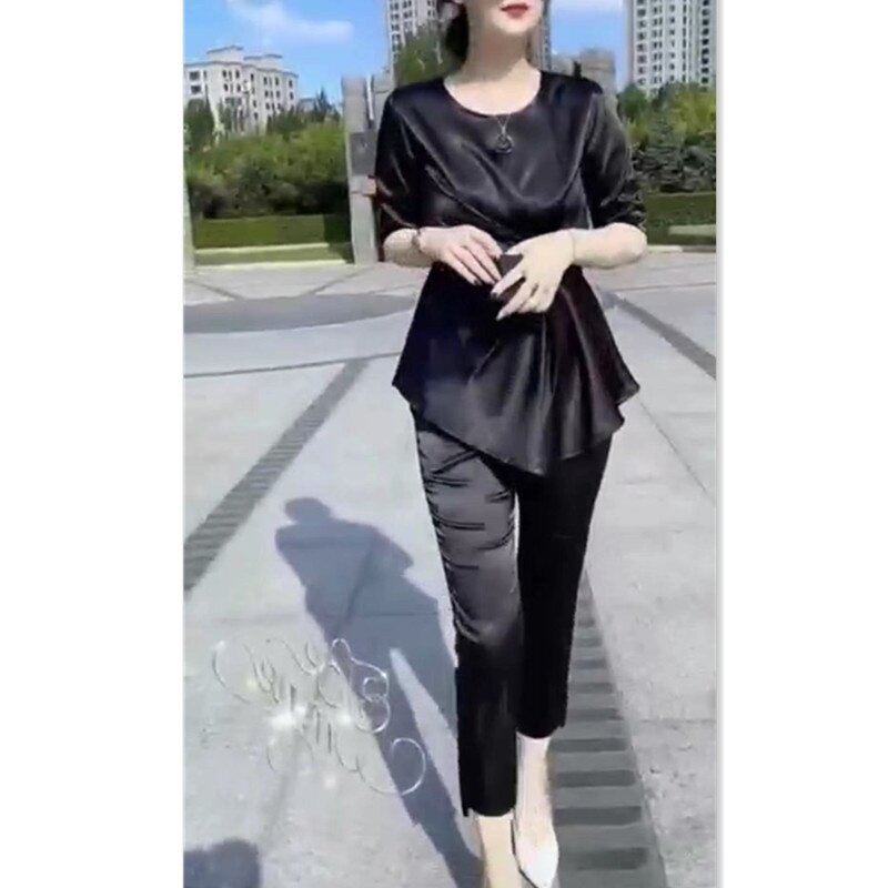 22620大爱美依缘2025夏季新款韩版洋气褶皱显瘦短袖+九分裤两件套