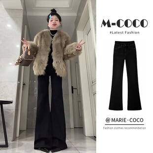 黑色高腰显瘦垂感微喇叭牛仔裤女秋冬款设计感百搭直筒马蹄长裤子