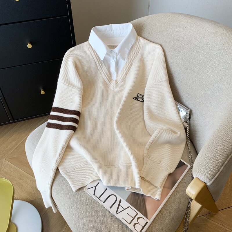 实拍现货 新款衬衫领假两件上衣女时尚洋气翻领针织拼接打底衫潮