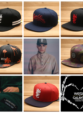 欧美滑板潮牌wesc孤品反戴限定刺绣平沿宽檐硬顶棒球帽snapback