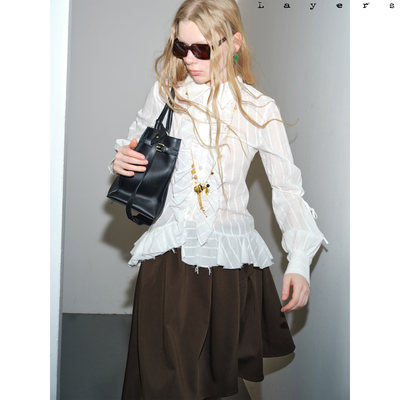 纯棉柔软条纹花边修身长袖衬衫