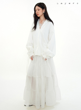 Layers 多层褶皱肌理 纯白夹丝大摆半裙