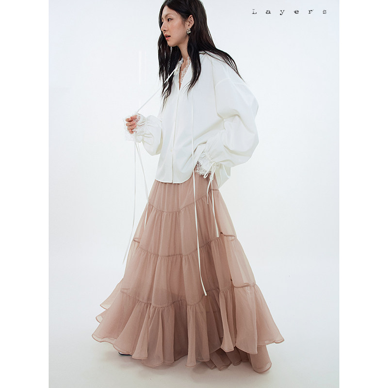 Layers 藕粉肌理欧根纱 多层抽褶蓬蓬半裙