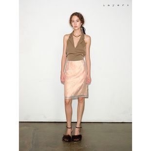 Layers 拼色日落橘 花朵钉珠刺绣 双层附纱直筒裹身半裙