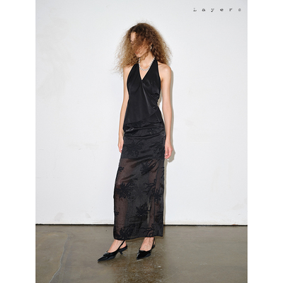 Layers黑色刺绣烟花薄纱半裙