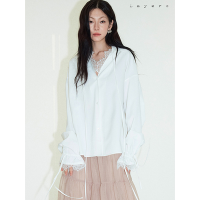 刺绣蕾丝拼接V领宽松长袖衬衫