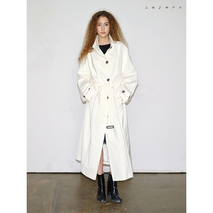 风衣外套 Layers 简约硬挺长款 撞色拼线 奶白色 立裁宽大廓形
