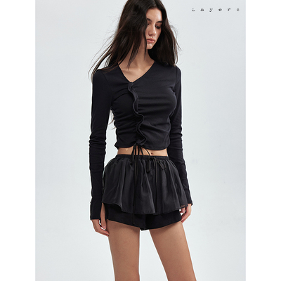 抽褶花边黑色针织长袖短款上衣