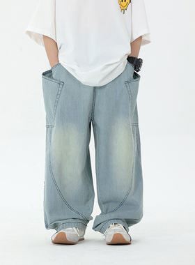 日系男童夏季薄款浅蓝色牛仔防蚊裤儿童宽松休闲长裤潮酷弯刀裤