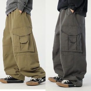 日系童装男童加绒工装裤冬装儿童多口袋宽松休闲一体绒直筒长裤