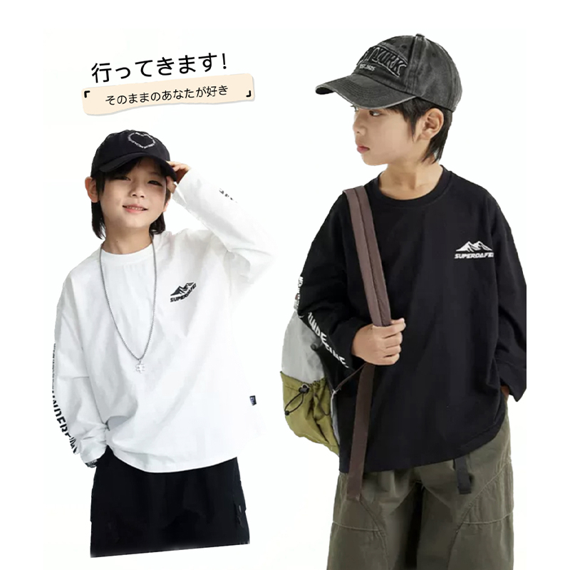 圆领山系露营风长袖印花T恤儿童