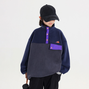 冬季新款日系男童奥粒绒卫衣儿童半开扣拼色帅气保暖套头宽松上衣