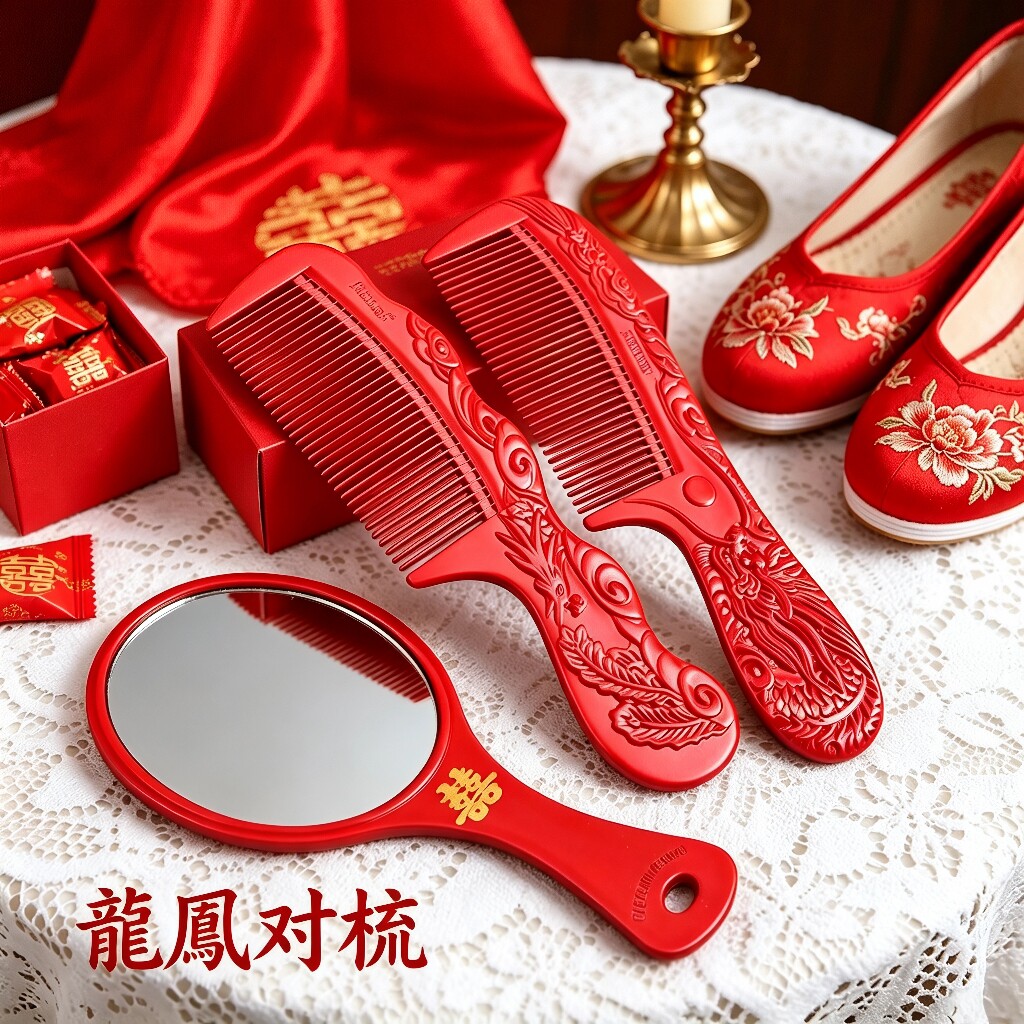 婚庆用品新娘嫁妆梳子镜子套装红色浮雕龙凤喜庆镜梳套装结婚梳子