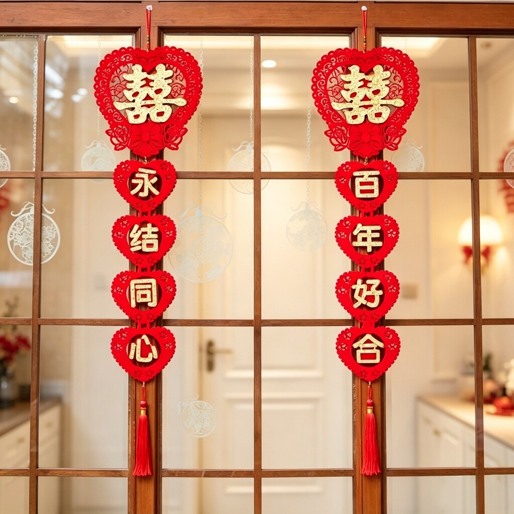 婚房装饰布置创意婚礼女方新房卧室无纺布中国结喜字拉花房门挂件