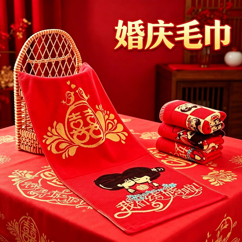 婚庆嫁妆老公老婆喜字结婚浴巾婚宴回礼喜庆卡通情侣龙凤礼盒毛巾