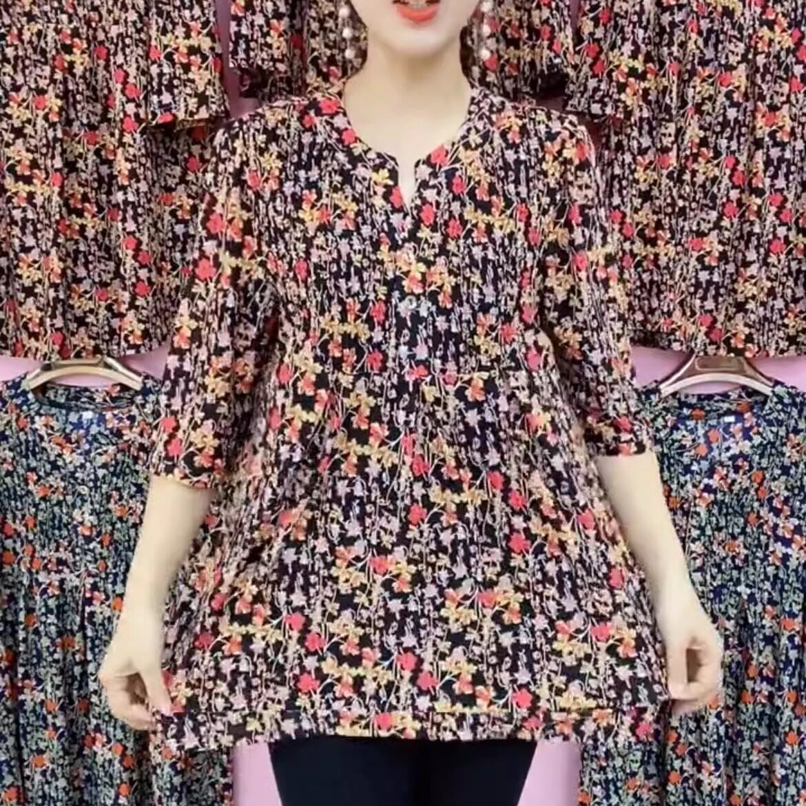 中年妈妈秋衣女七分袖中长款碎花雪纺上衣女式遮肚子洋气中袖衬衫