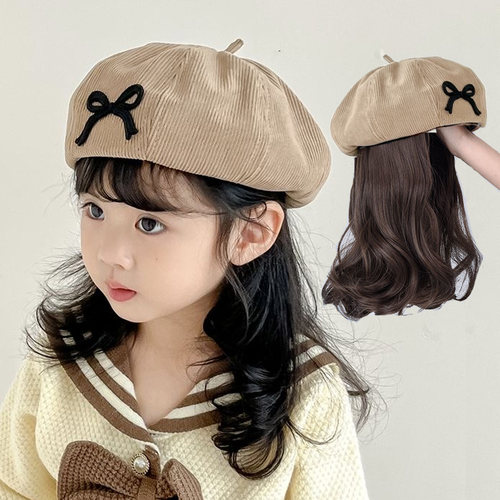 2024儿童假发女帽子假发一体短发梨花卷发贝雷帽秋冬画家帽南瓜帽