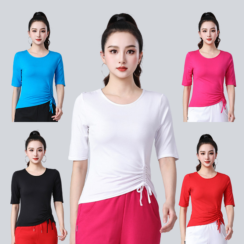 广场舞服装新款圆领抽绳中袖上衣练功服拉丁舞跳舞衣服瑜伽舞蹈服