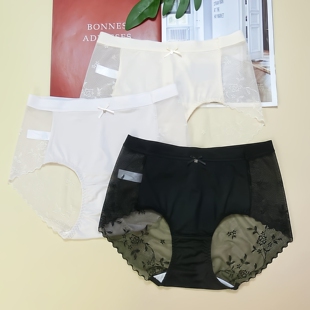 新款 蝶安芬品牌蕾丝网纱全棉裆性感无痕透明透气女中腰平角裤