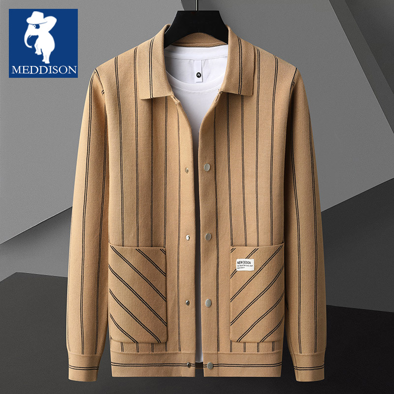 Meddison男士春秋季2025新款针织夹克外套男翻领条纹百搭毛衣开衫