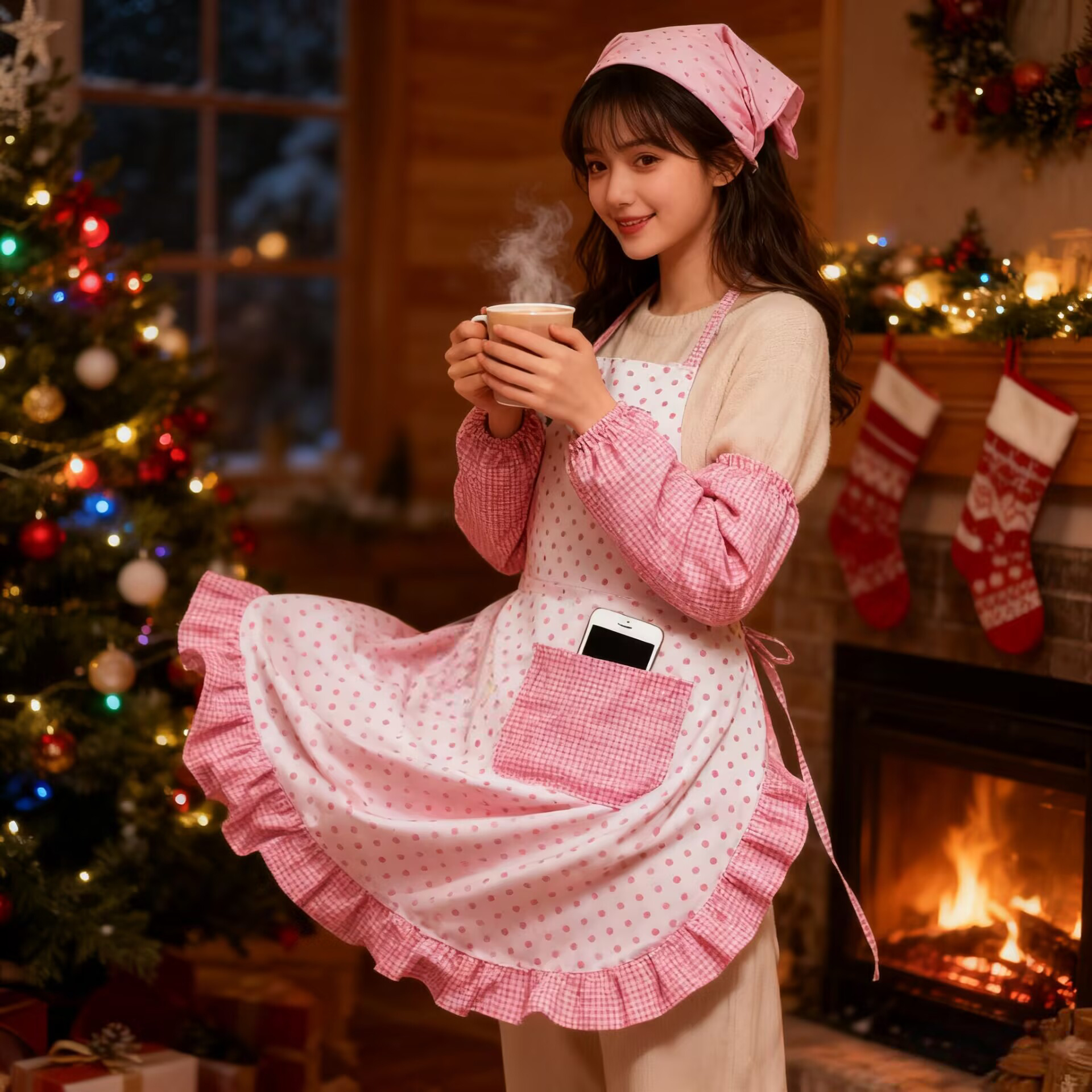 甜美女仆套装可爱小厨娘围裙2025新款时尚家居纯欲波点大花边围腰