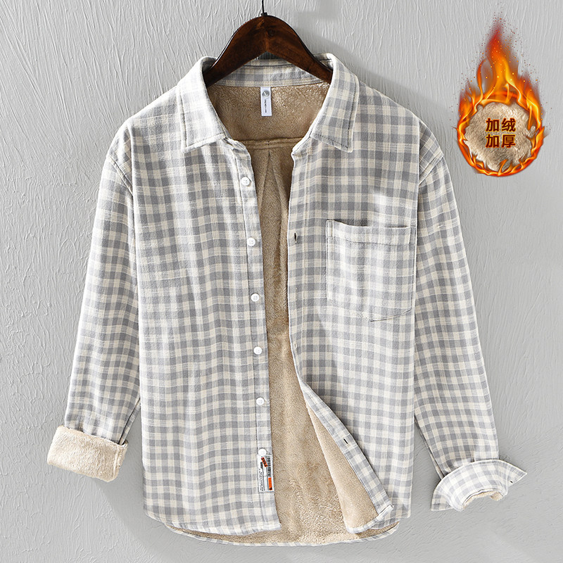 翻领加厚扣子宽松休闲复古男长袖