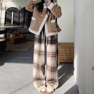 黑色毛呢格子裤女秋冬2025新款韩里韩气小个子裤子加绒加厚阔腿裤
