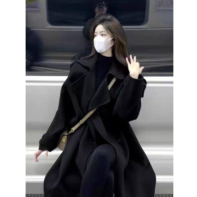 黑色双面羊绒呢子大衣女中长款2025秋冬新款高级感小个子毛呢外套