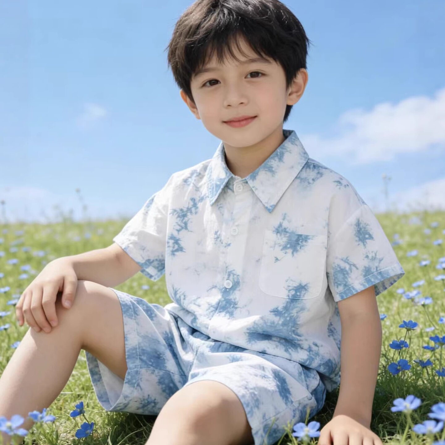 男童夏季扎染短袖衬衫两件套图片