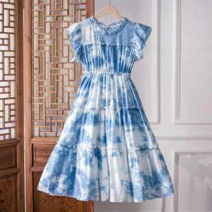 云南大理纯手工扎染木耳边2025新款夏连衣裙植物蓝染宽松小飞袖