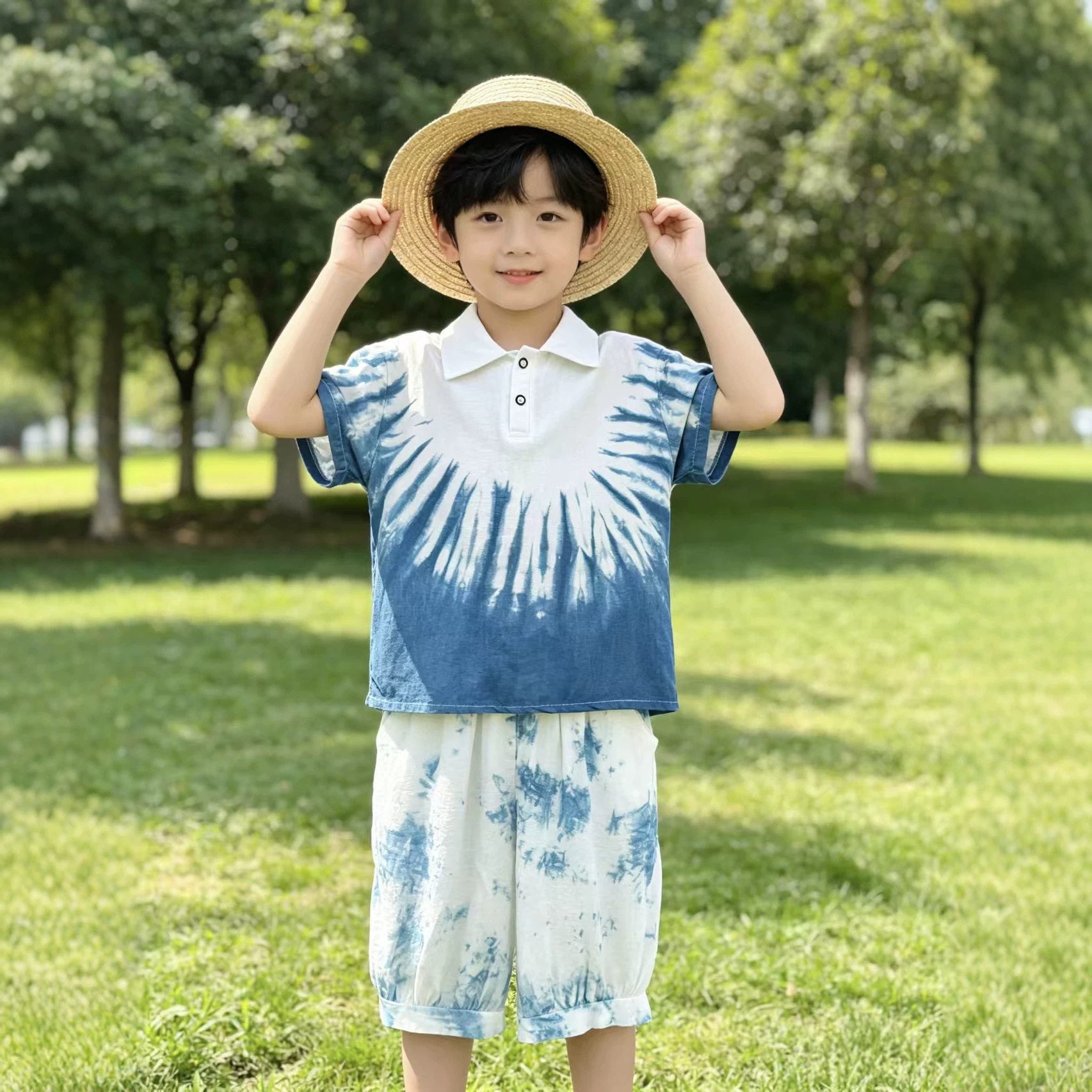 夏季男童手工扎染T恤短裤套装图片