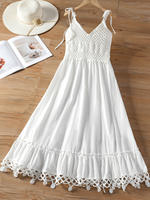 Seaside vacation style hook flower cutout halter dress for women, summer waist-cinching and slimming white V-neck tassel large swing dress thumbnail 2