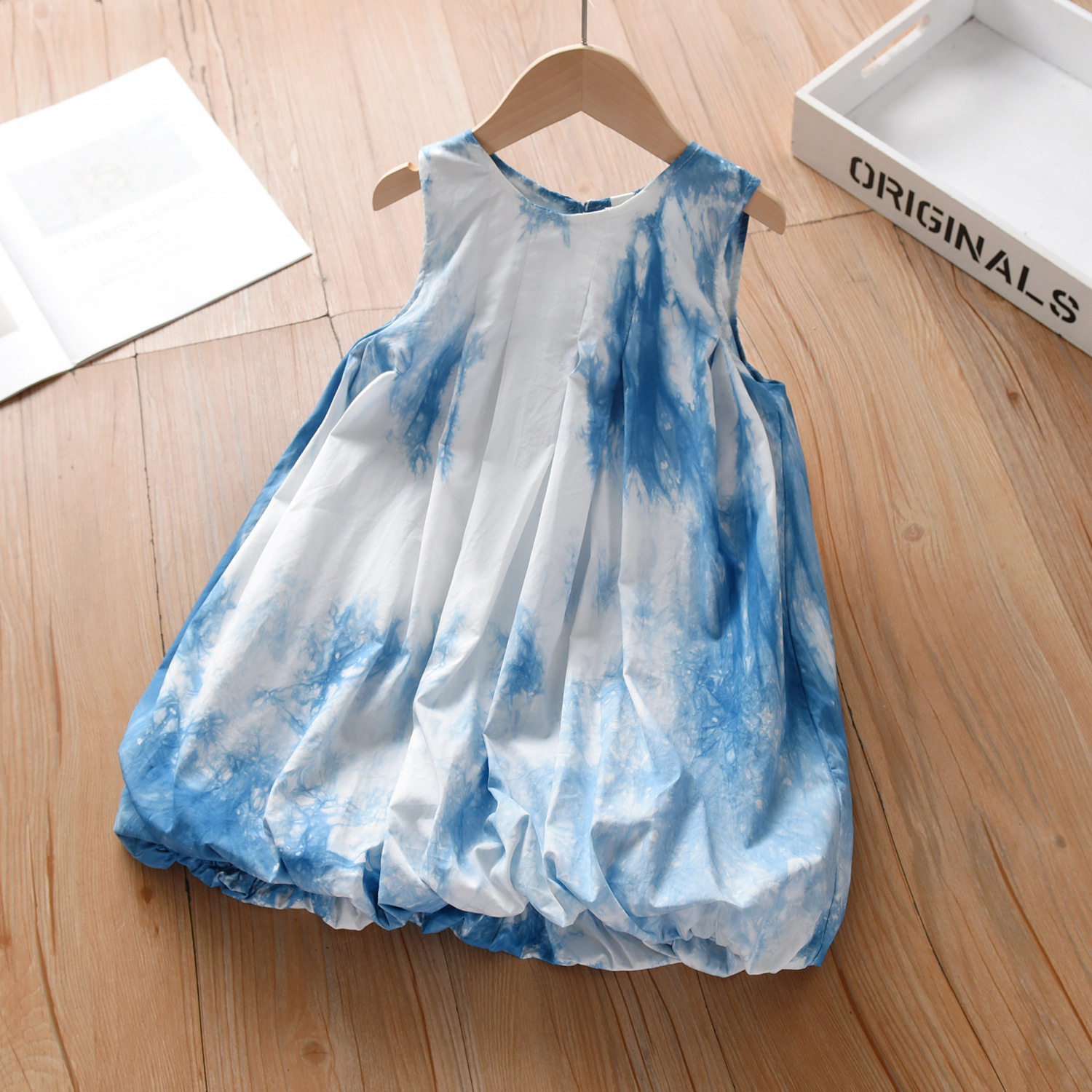 云南手工植物扎染女童连衣裙夏季新款蓝染洋气度假旅游儿童花苞