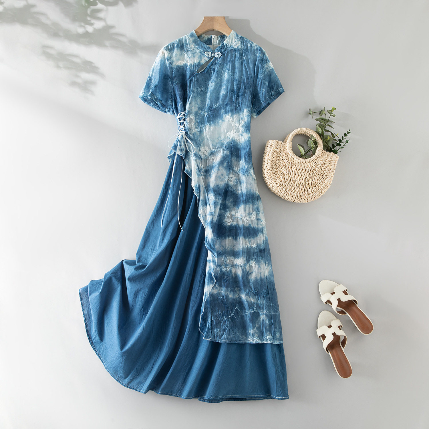 云南植物扎染新中式国风旗袍优雅不规则新连衣裙假两件套刺绣长裙