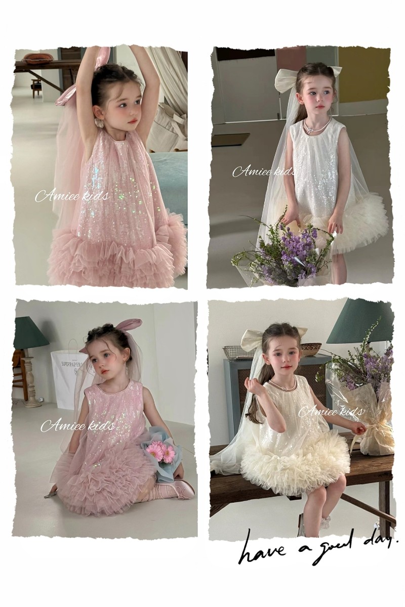 Amiee品牌2026年夏装新品女童网纱亮片蛋糕裙背心礼服裙子送头饰