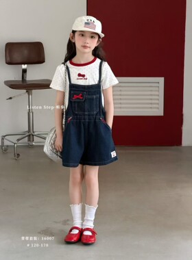 2026年夏装女童百搭T桖卡通背带裤女孩洋气宽松牛仔裤两件套装潮