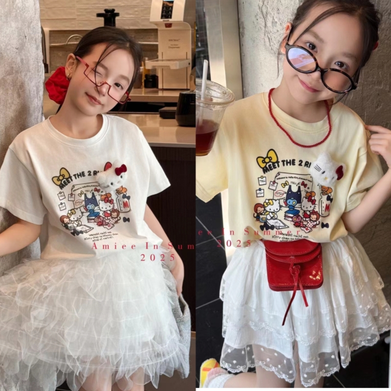 2025年夏季艾米新款童装女童洋气百搭短袖儿童卡通印花T桖上衣