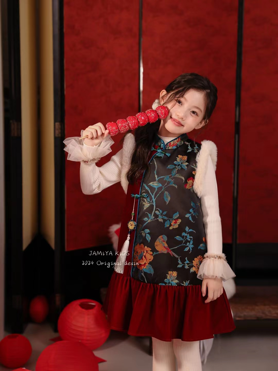 2024年新款jamiya女童旗袍背心裙中国风新年喜庆装冬款加绒连衣裙