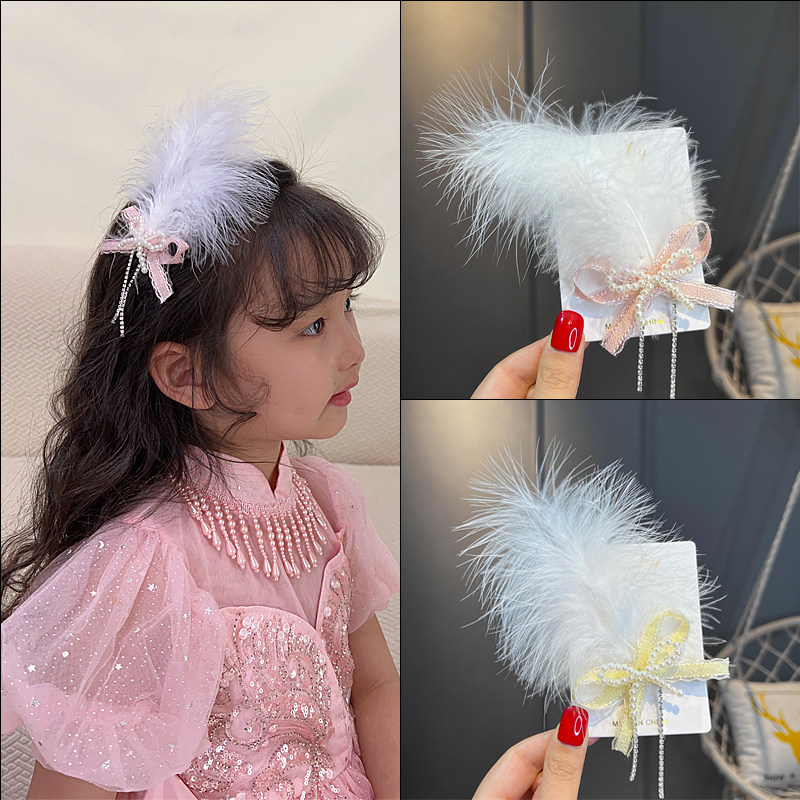 仙美羽毛蝴蝶结流苏发饰儿童刘海碎发侧边夹女童表演出公主头饰花