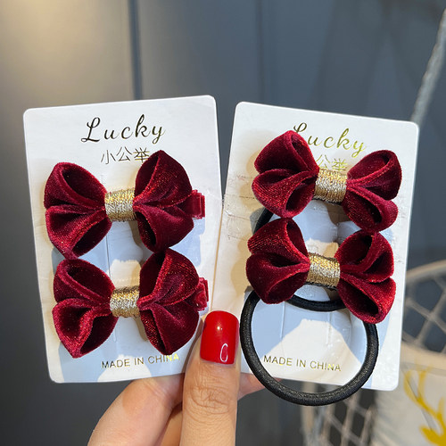 高级感红色蝴蝶结发圈丝绒侧边夹