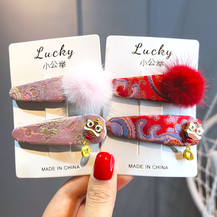 新年儿童发饰中国风新中式 宋锦发夹女童碎发bb夹过年醒狮发卡古风