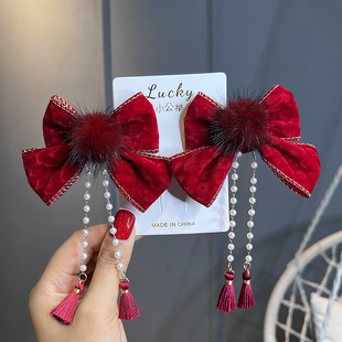 女孩过新年酒红色蝴蝶结发饰儿童古风流苏对夹女童拜年发卡头饰花