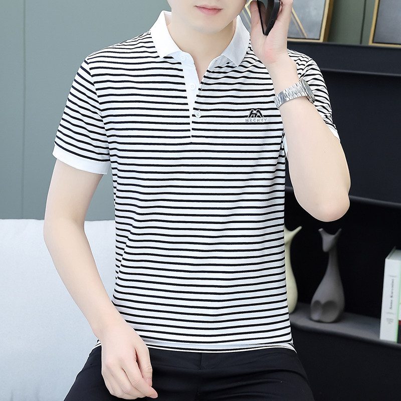 短袖t恤男运动休闲商务百搭纯棉上衣中青年白条纹帅气翻领Polo衫