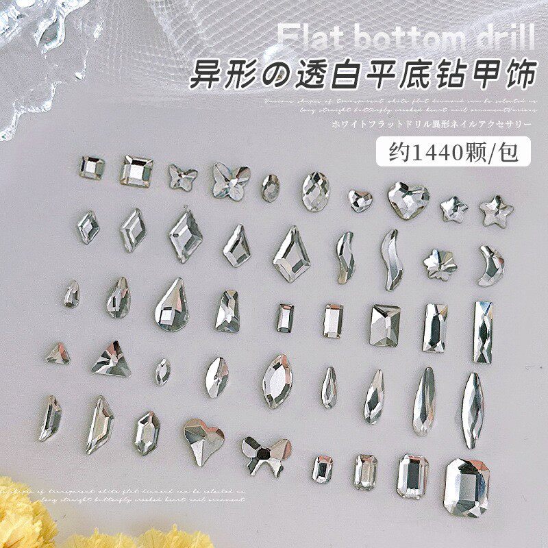美甲饰品平底异形钻透大小混装白色爱心方形水滴玻璃指甲水晶钻