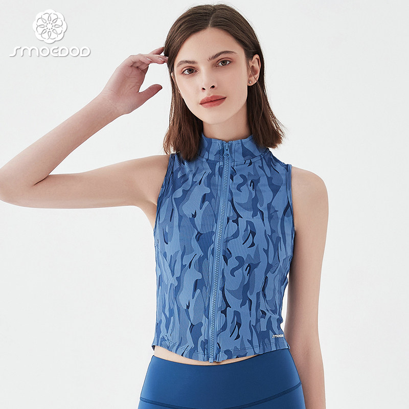 水沐伊朵春夏瑜伽服运动健身外套女士美人条迷彩印花立领背心5753